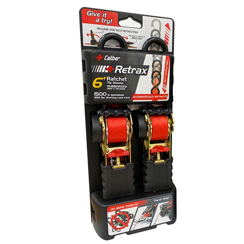 Caliber Retrax Ratchet Tie Down Strap Set 13412, Self-Retracting, 2 Straps - Image 1
